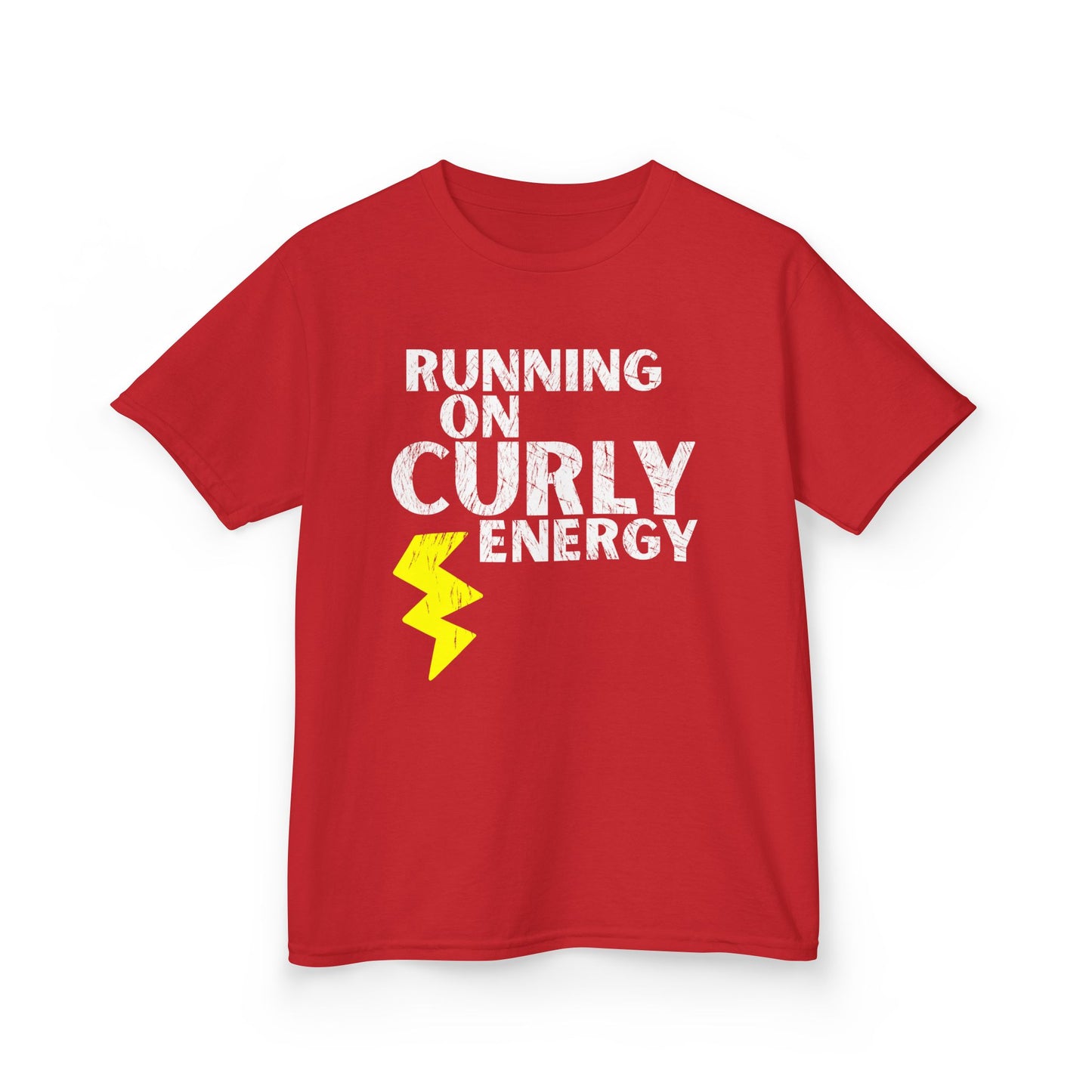 Red t-shirt with the text “Running on Curly Energy” and a yellow lightning bolt graphic.