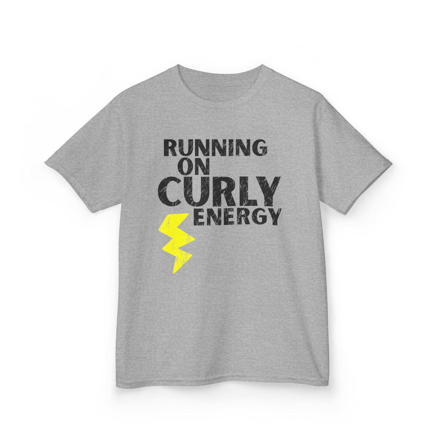 Grey t-shirt with the text “Running on Curly Energy” and a yellow lightning bolt graphic.