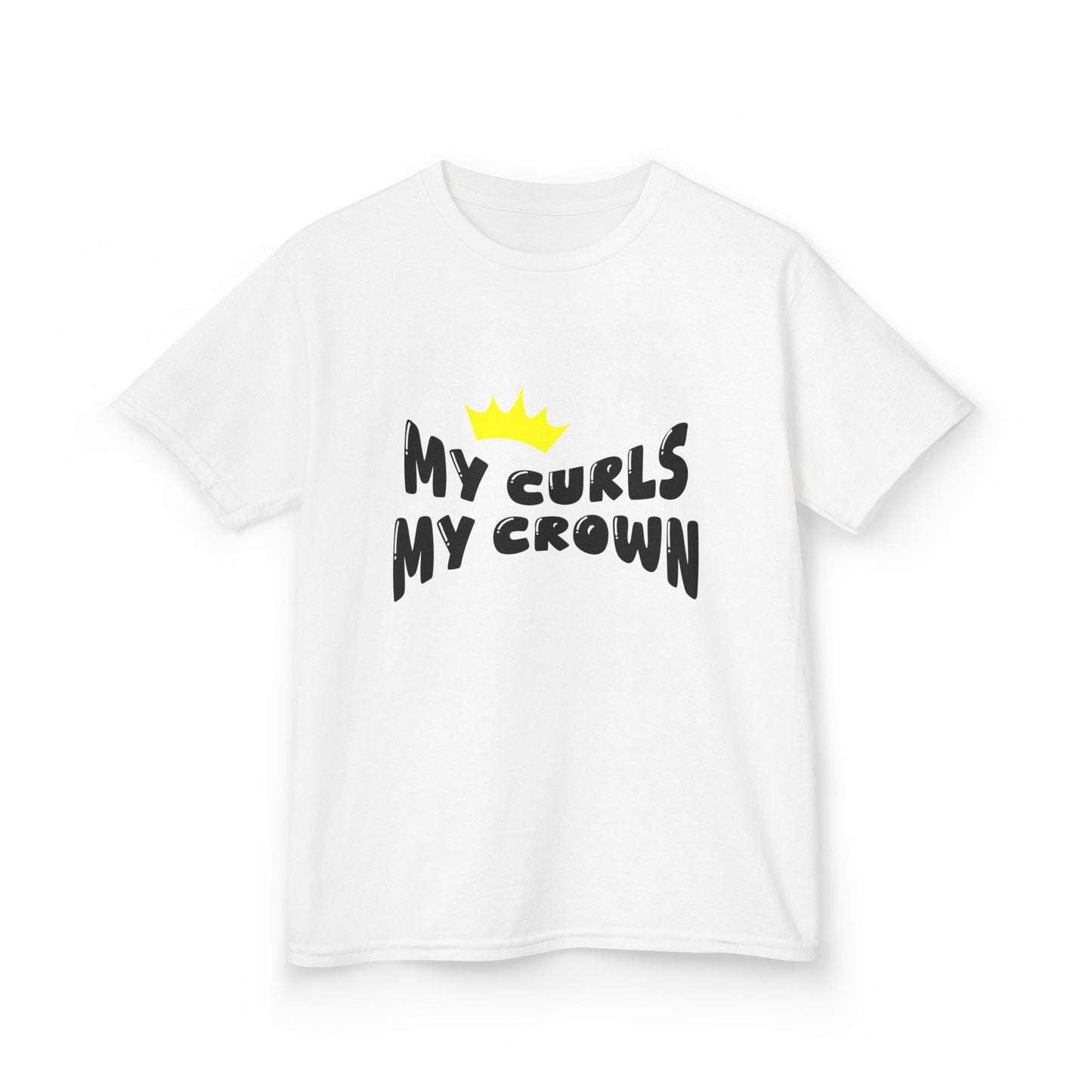 White t-shirt with the text “My Curls My Crown” and a small yellow crown graphic.