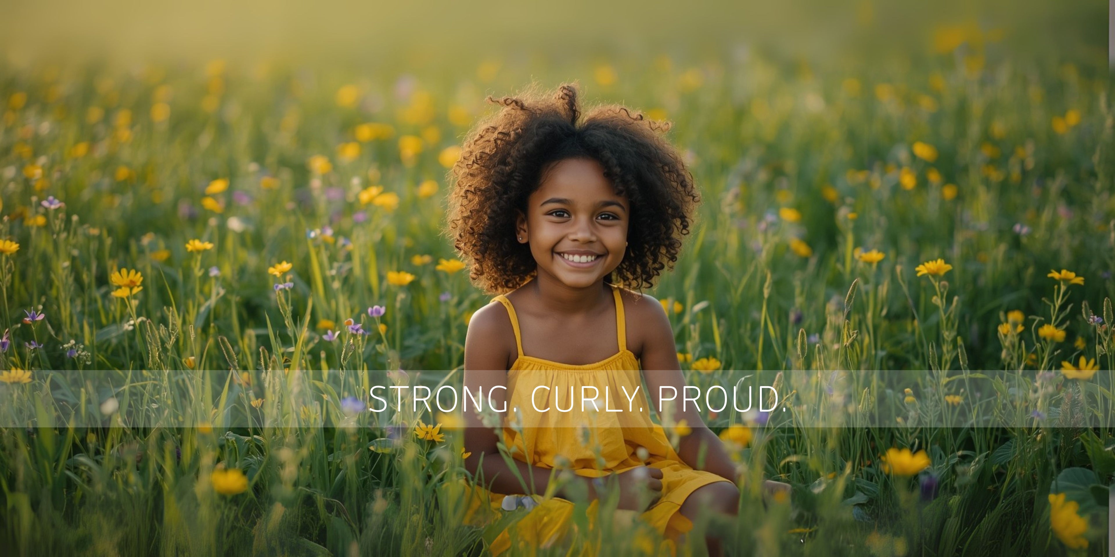 Smiling curly-haired girl in a yellow dress sitting in a field of wildflowers.