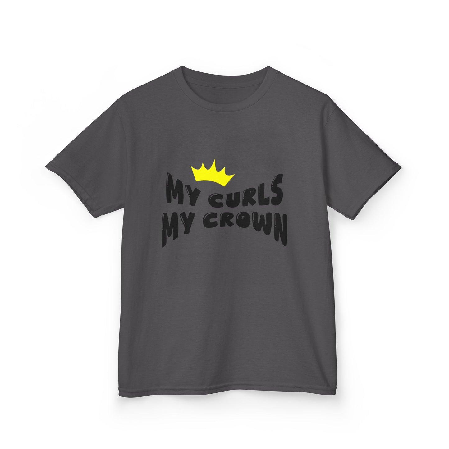 Grey t-shirt with the text “My Curls My Crown” and a small yellow crown graphic.