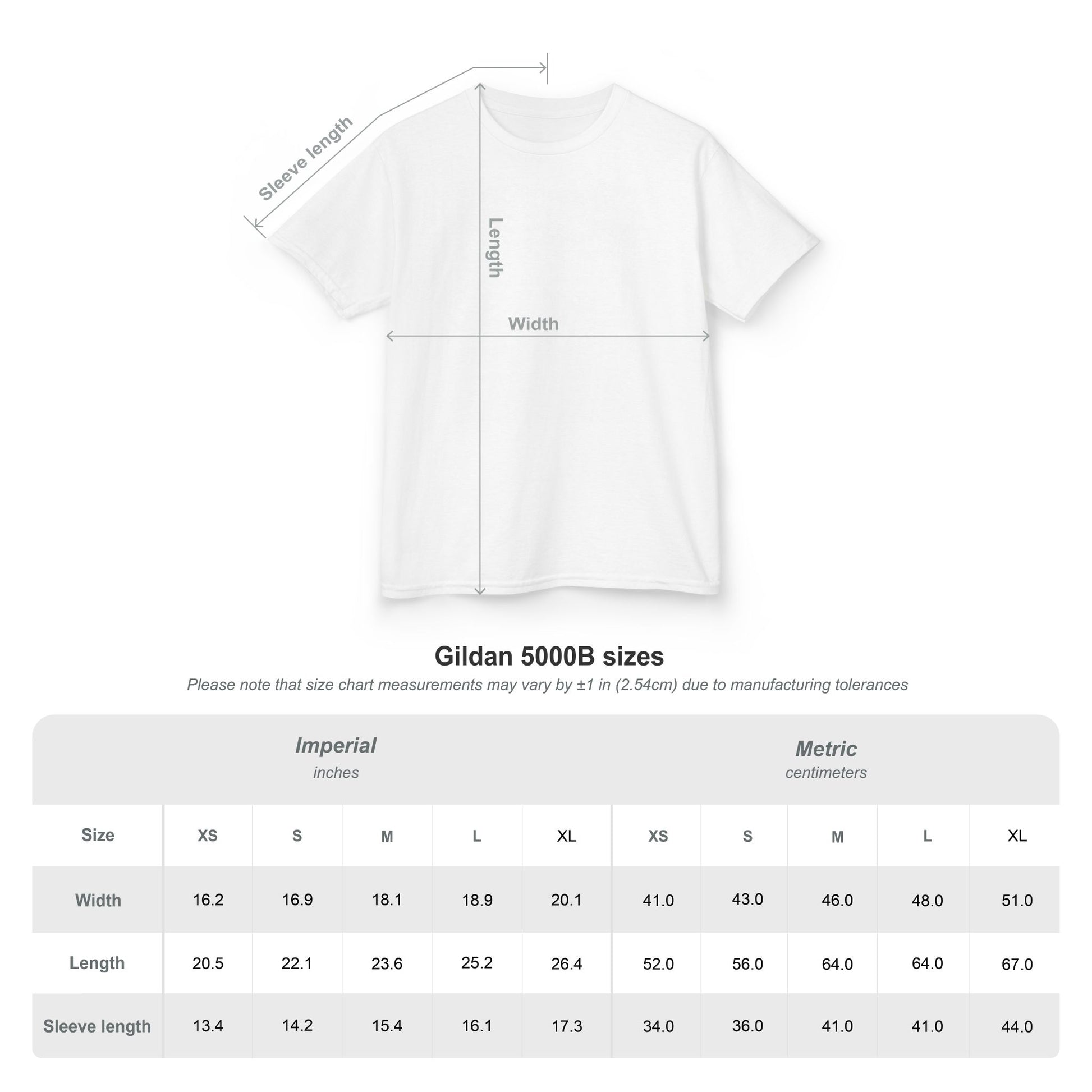 Gildan 5000B size chart for kids’ t-shirts showing width, length, and sleeve measurements in inches and centimeters.