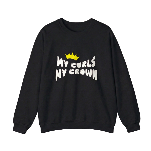 Black crewneck kids’ sweatshirt with the “My Curls My Crown” graphic and yellow crown design, empowering curly-haired girls. Curlability apparel mockup.