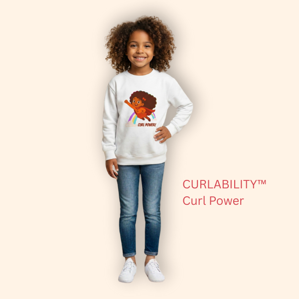 Studio photo of a curly-haired girl wearing the white “Curl Power” sweatshirt, full-body kids’ apparel mockup.