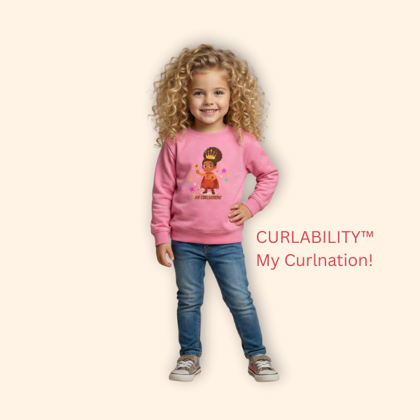 Curly-haired girl wearing a pink “My Curlnation!” kids’ sweatshirt by Curlability, standing in a studio setting with a confident smile.