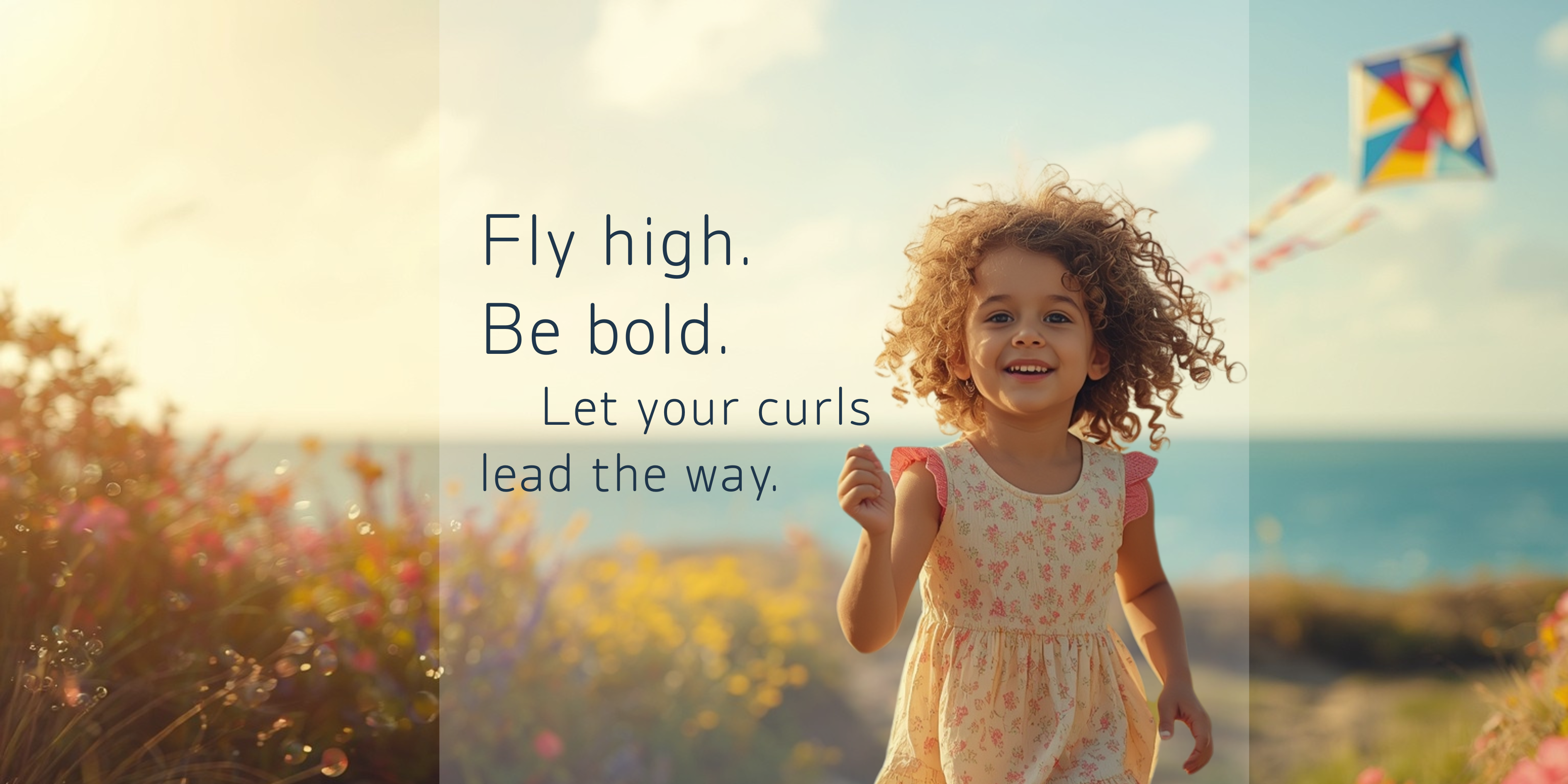 Smiling curly-haired girl running outdoors while flying a kite near the seaside on a sunny day.