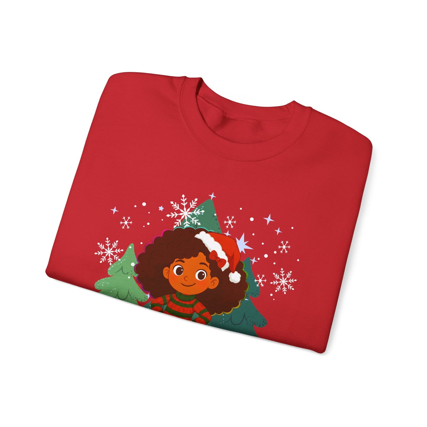 Folded red Christmas sweatshirt featuring a curly-haired girl in a Santa hat with festive trees and snowflakes.