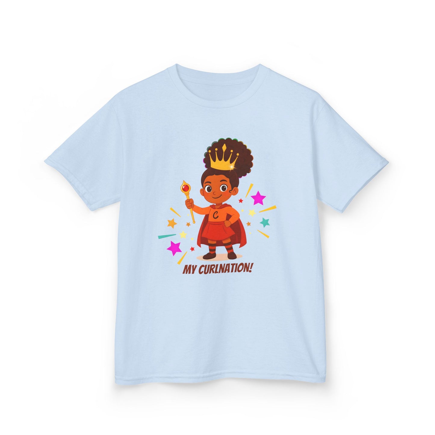 Light blue t-shirt with a curly-haired girl in a crown and cape illustration, surrounded by colorful stars, and the text “My Curlination!”.