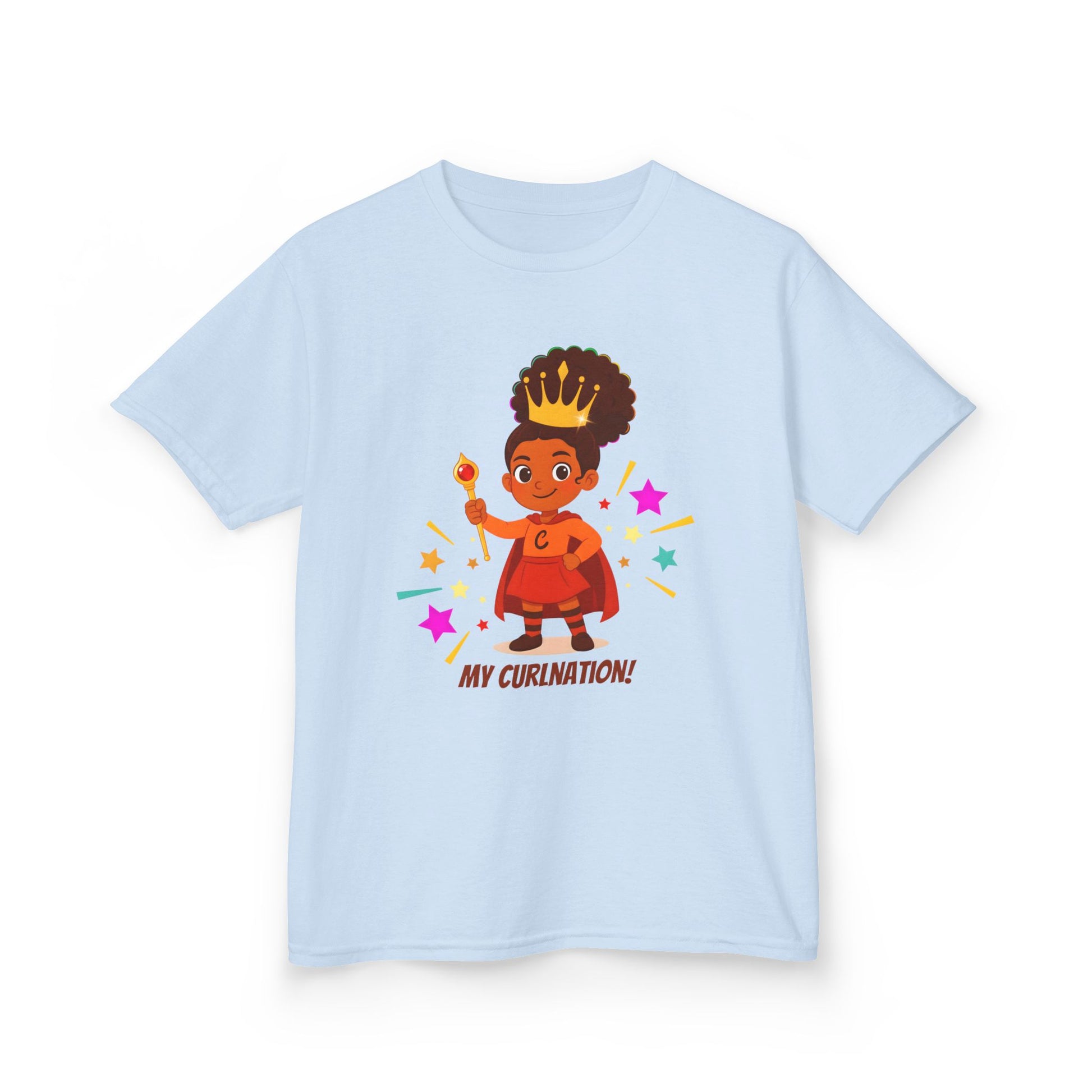 Light blue t-shirt with a curly-haired girl in a crown and cape illustration, surrounded by colorful stars, and the text “My Curlination!”.