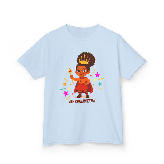 Light blue t-shirt with a curly-haired girl in a crown and cape illustration, surrounded by colorful stars, and the text “My Curlination!”.