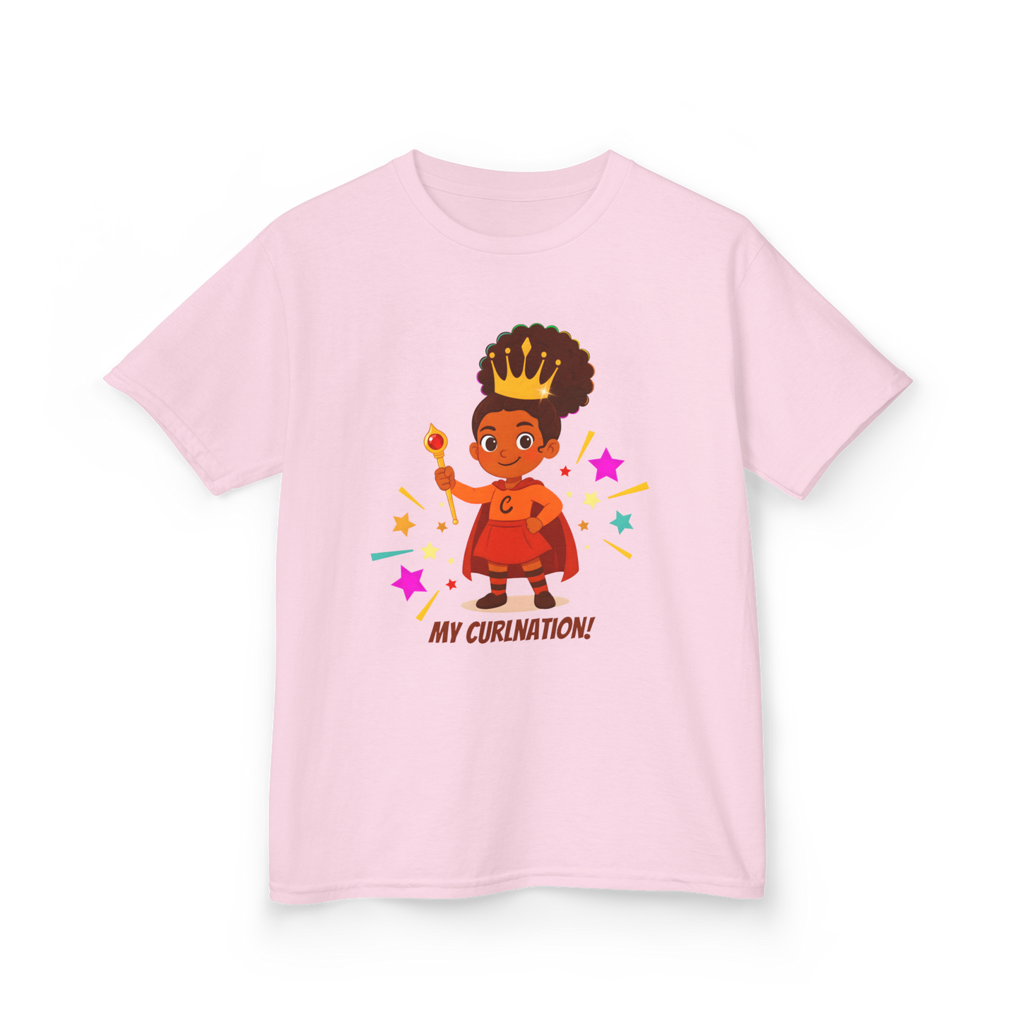 Light pink t-shirt with a curly-haired girl in a crown and cape illustration, surrounded by colorful stars, and the text “My Curlination!”.