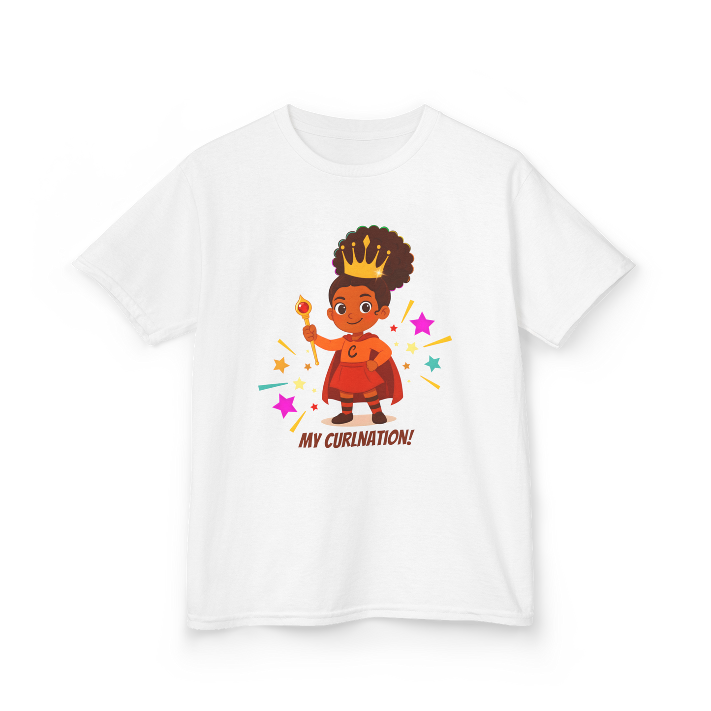White t-shirt with a curly-haired girl in a crown and cape illustration, surrounded by colorful stars, and the text “My Curlination!”.