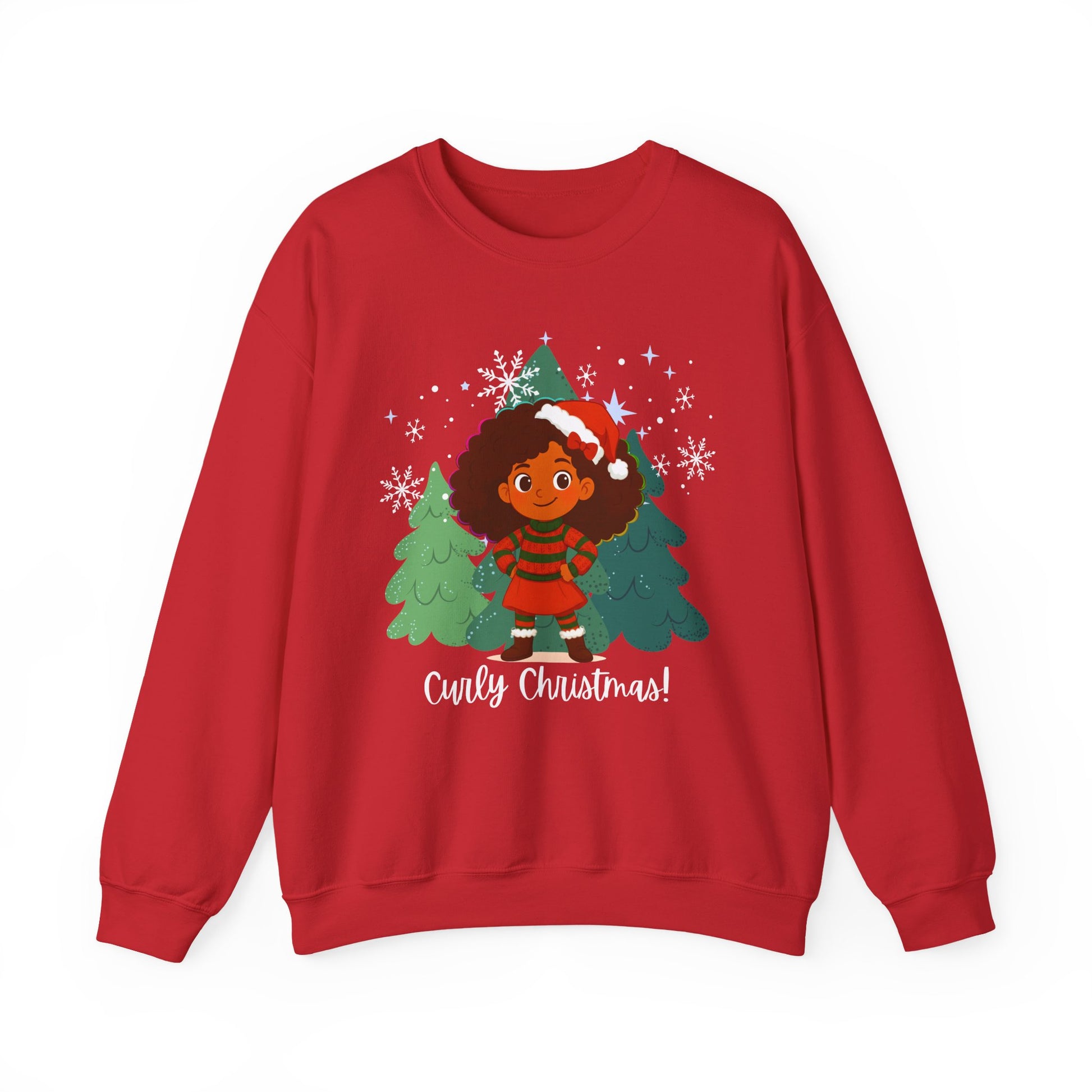 Red Christmas sweatshirt featuring a curly-haired girl in a festive outfit with a Santa hat, standing in front of decorated Christmas trees with snowflakes and the text “Curly Christmas!”
