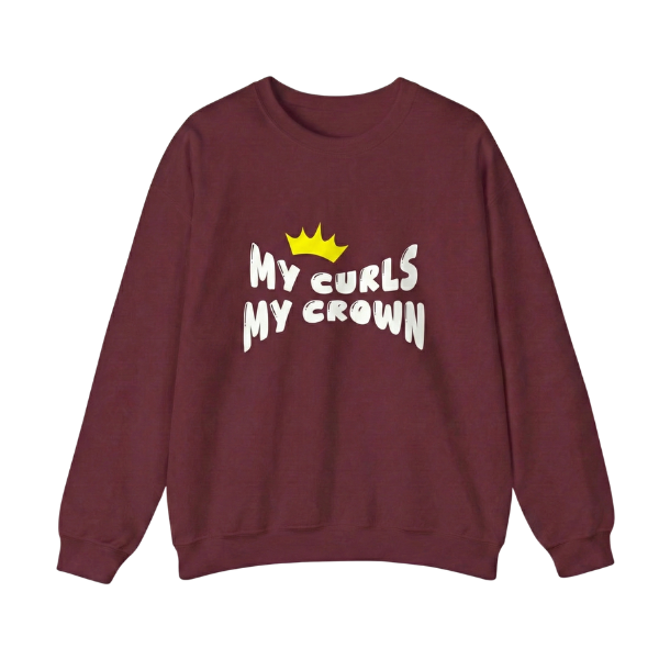 Maroon kids’ crewneck sweatshirt featuring the “My Curls My Crown” graphic with a yellow crown, empowering curly-haired girls. Curlability apparel mockup.