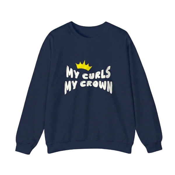Navy kids’ crewneck sweatshirt featuring the white “My Curls My Crown” graphic with a yellow crown, empowering curly-haired children and celebrating natural curls.