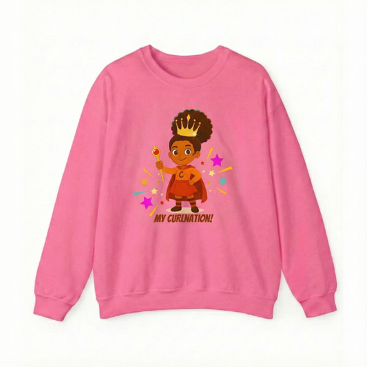 Pink kids’ sweatshirt featuring a curly-haired princess superhero graphic with a crown and the text “My Curlnation!” — empowering curly-hair apparel by Curlability.