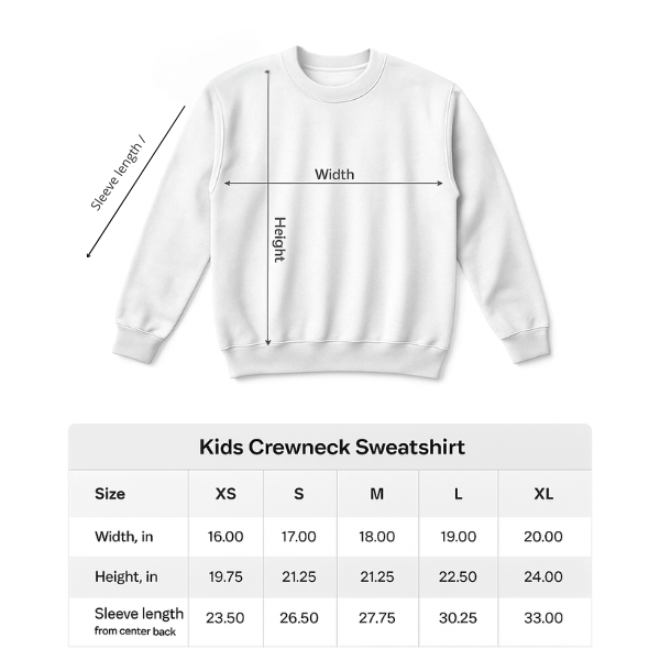 Kids crewneck sweatshirt size chart with width, height, and sleeve length measurements for XS to XL, including diagram showing how each measurement is taken.