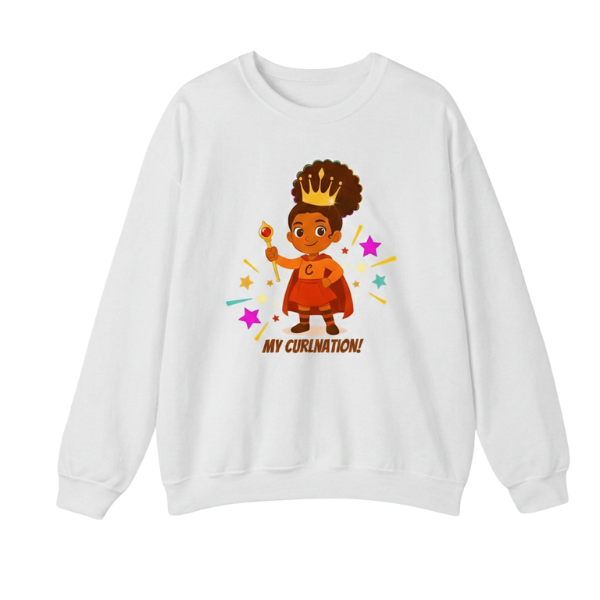 White kids’ sweatshirt featuring the “My Curlnation!” curly-hair superhero girl design with colorful stars and a crown, by Curlability.