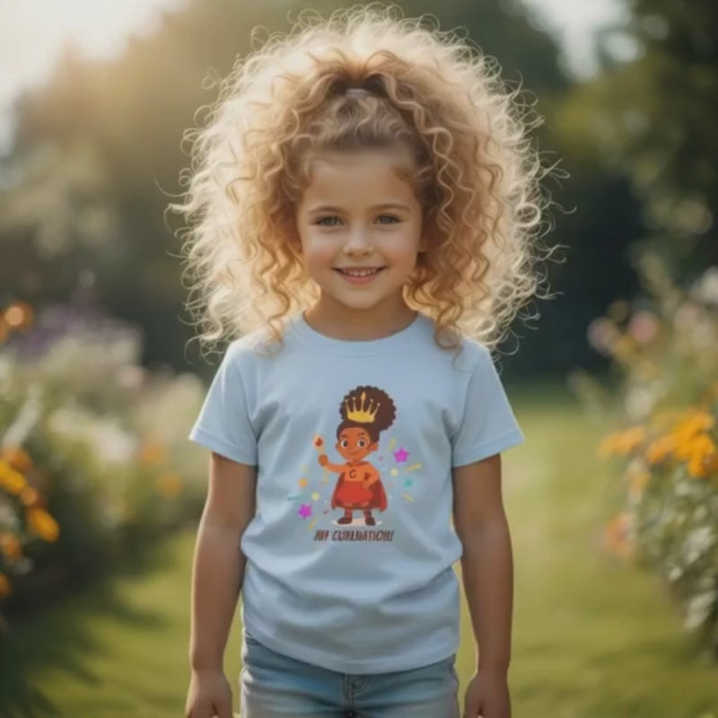 Smiling curly-haired girl standing outdoors wearing a light blue “My Curlination!” t-shirt with a crowned superhero girl illustration and colorful stars.