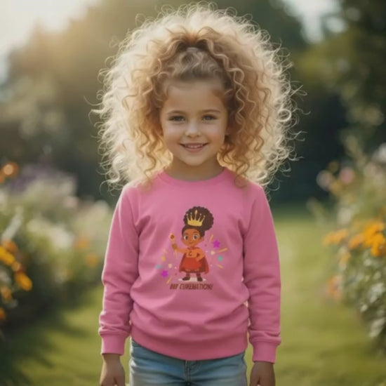 Video of a smiling young girl with blonde curly hair wearing a pink “My Curlnation!” kids’ sweatshirt featuring a curly-hair superhero design, standing outdoors in a sunny garden.