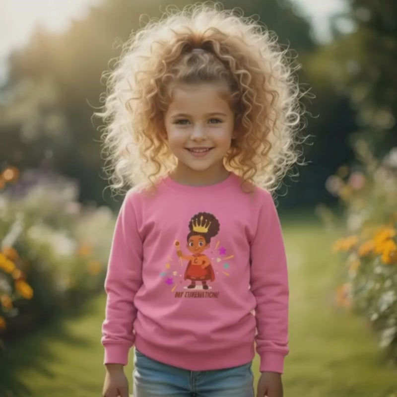 Video of a smiling young girl with blonde curly hair wearing a pink “My Curlnation!” kids’ sweatshirt featuring a curly-hair superhero design, standing outdoors in a sunny garden.