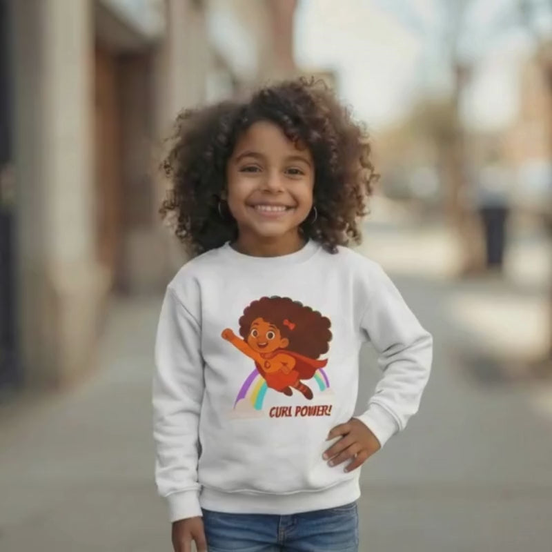 Video of a smiling curly-haired girl outdoors wearing a white “Curl Power!” kids’ sweatshirt, showing the superhero curly-girl graphic while she plays and moves naturally. The clip highlights the sweatshirt’s fit, bright design, and energetic curly-hair empowerment theme.