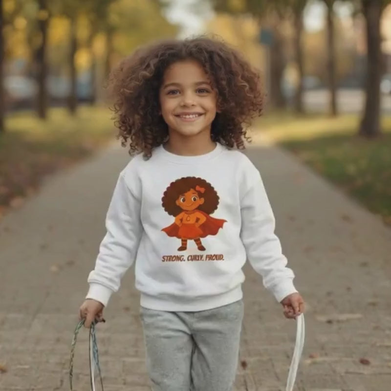 Video of a smiling curly-haired girl jumping rope while wearing a white “Strong. Curly. Proud.” kids’ sweatshirt — empowering curly-hair apparel by Curlability.