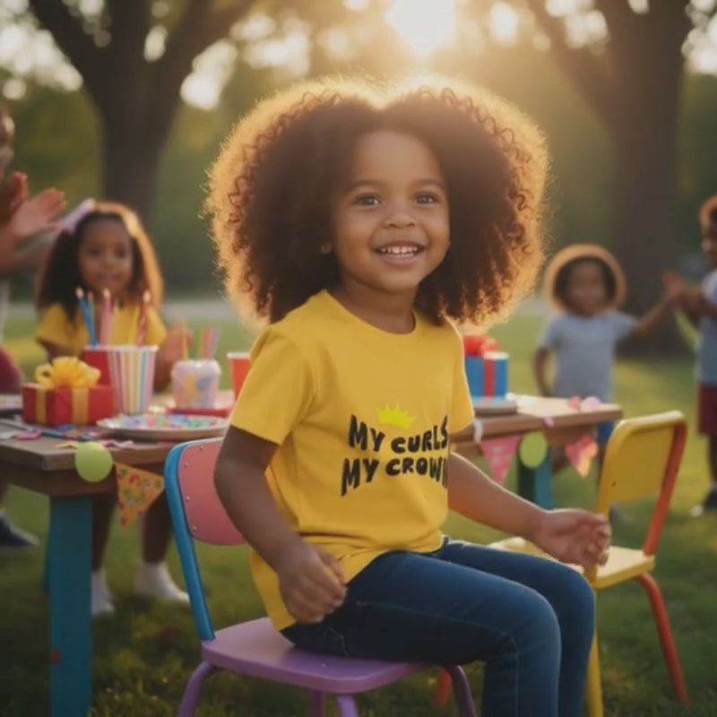 Smiling curly-haired girl sitting at an outdoor birthday table wearing a yellow “My Curls My Crown” t-shirt.